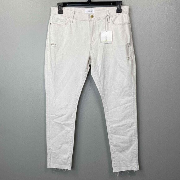 Frame Le Garcon Jeans Womens 28 Ivory Linen Cotton Straight Leg Distressed